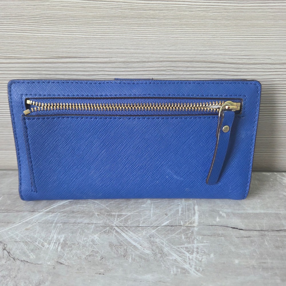 Kate Spade Wallet Bifold Slim Womens Blue Saffiano Leather Gold Logo Zip Pocket - Picture 2 of 11